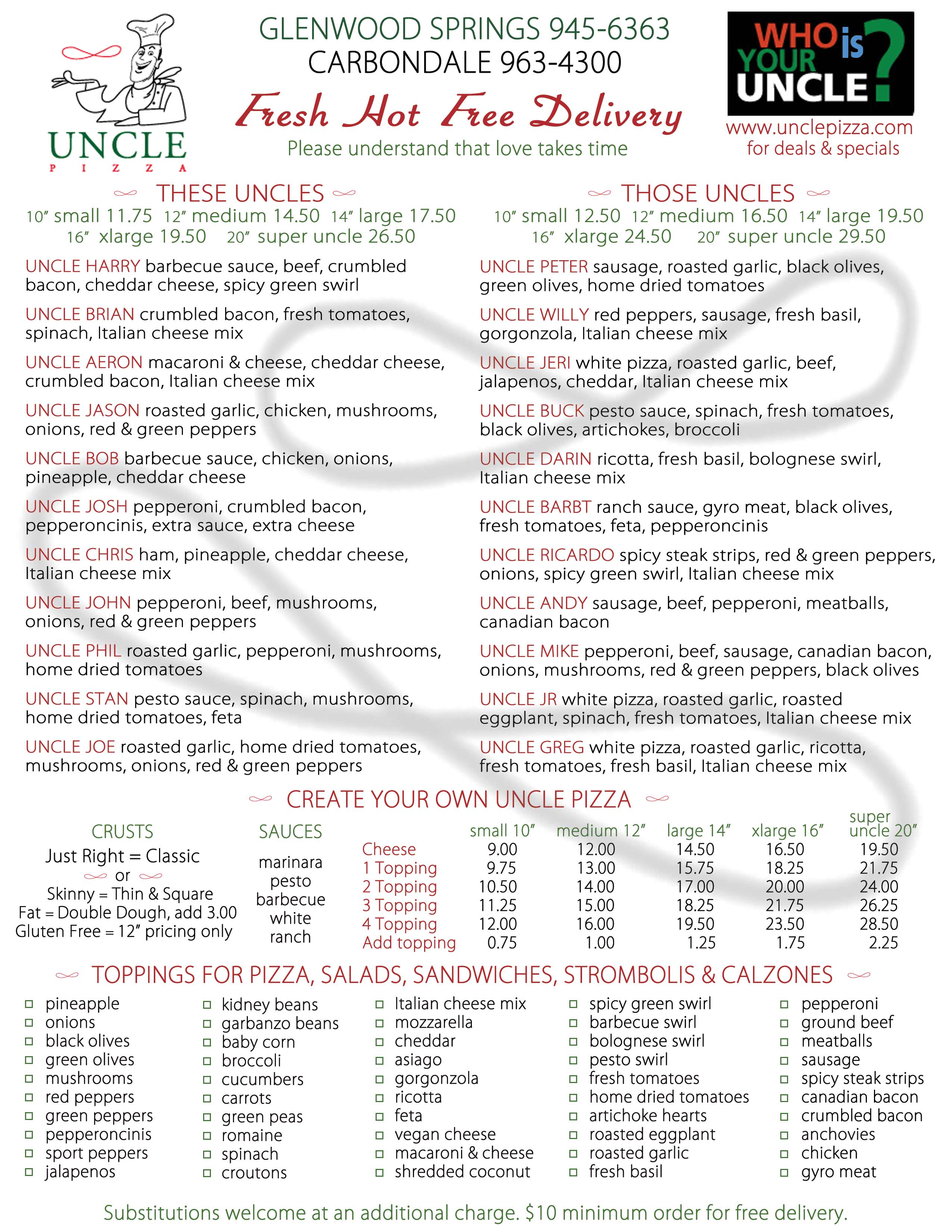 Uncle PIzza menu